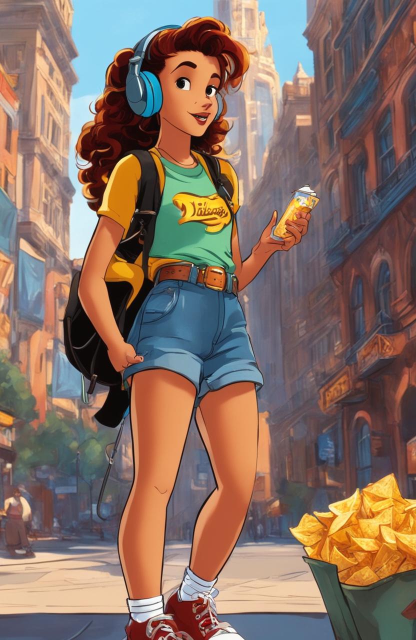 A 15-year-old rebel girl in 90s punk attire walks through New York City in Disney's 'Atlantis' style