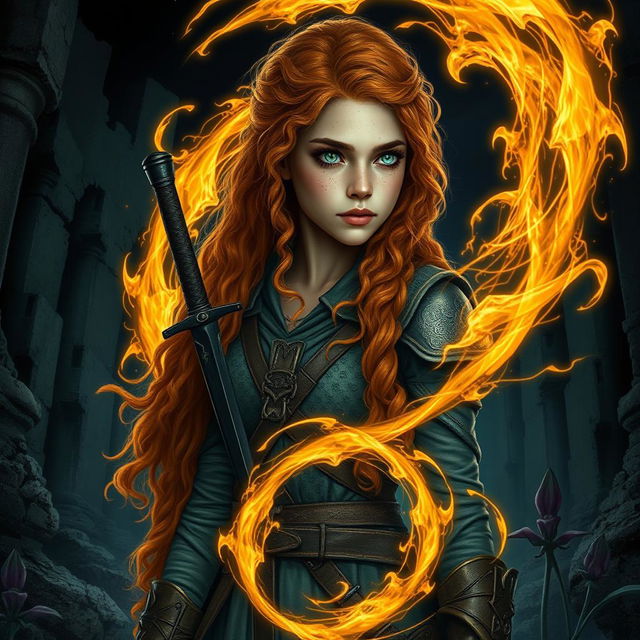 An impactful fantasy book cover showcasing a tall young woman with long, orange curly hair cascading down her back, speckled with numerous freckles