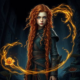 An impactful fantasy book cover showcasing a tall young woman with long, orange curly hair cascading down her back, speckled with numerous freckles