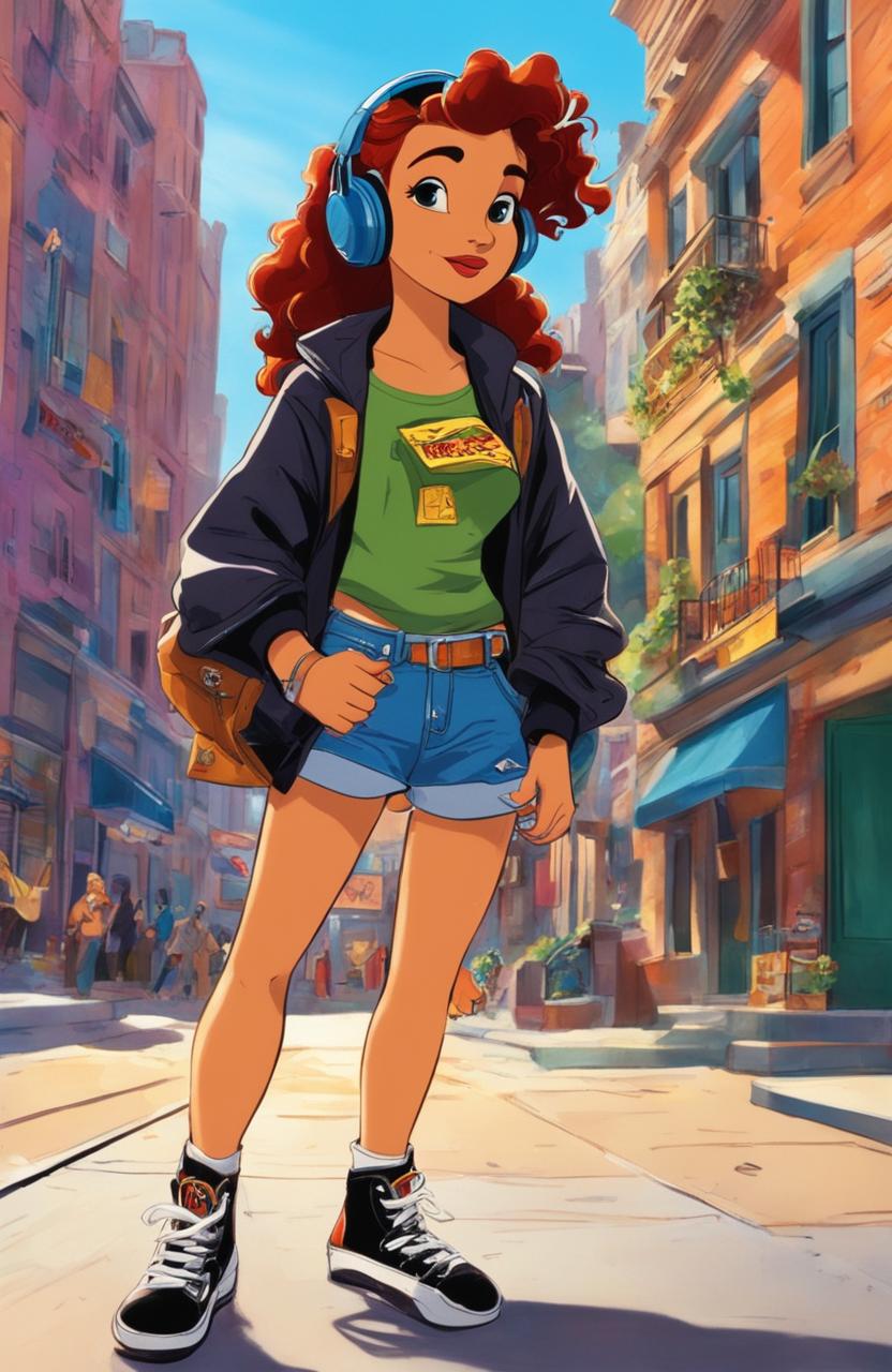 A 15-year-old rebel girl in 90s punk attire walks through New York City in Disney's 'Atlantis' style
