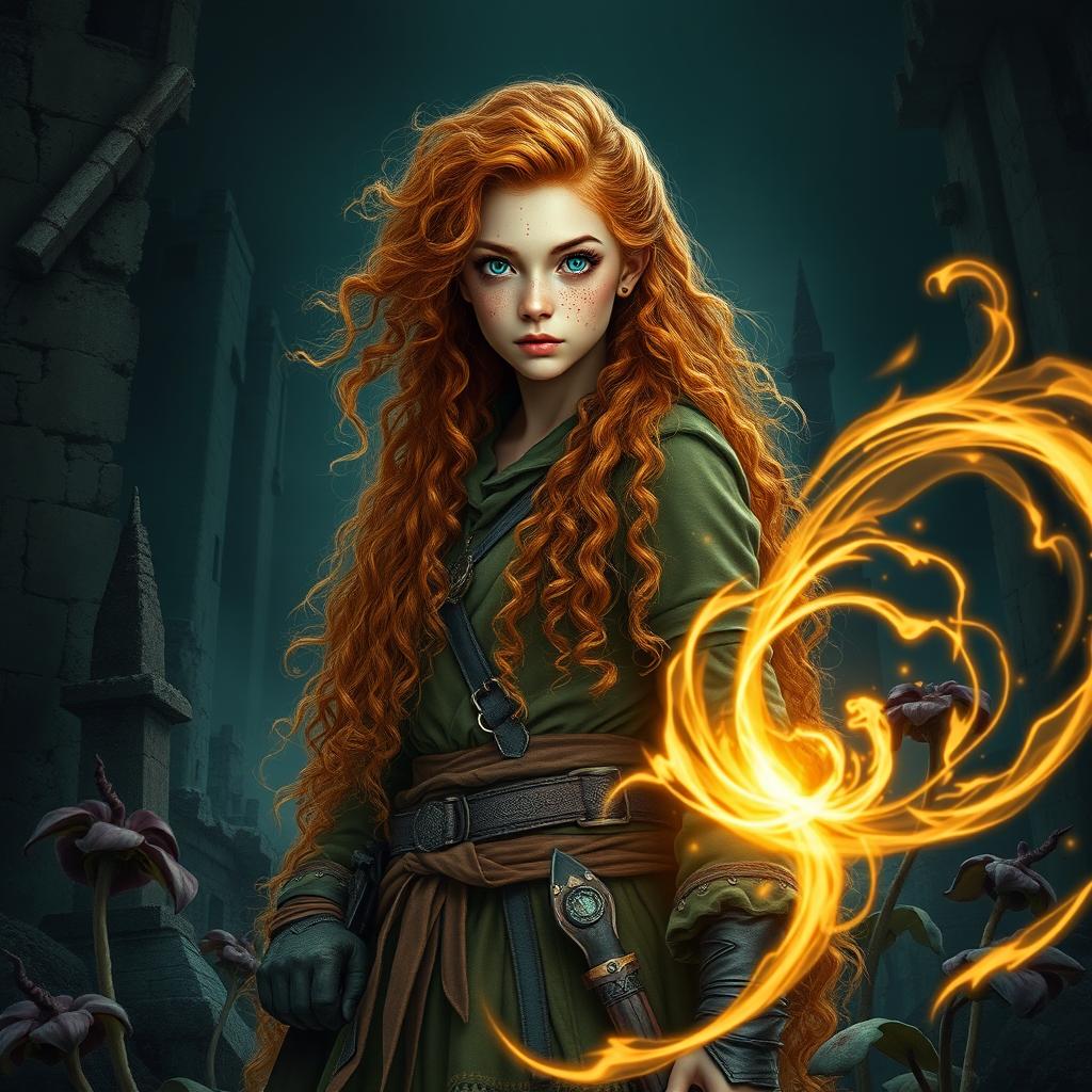 An impactful fantasy book cover showcasing a tall young woman with long, orange curly hair cascading down her back, speckled with numerous freckles