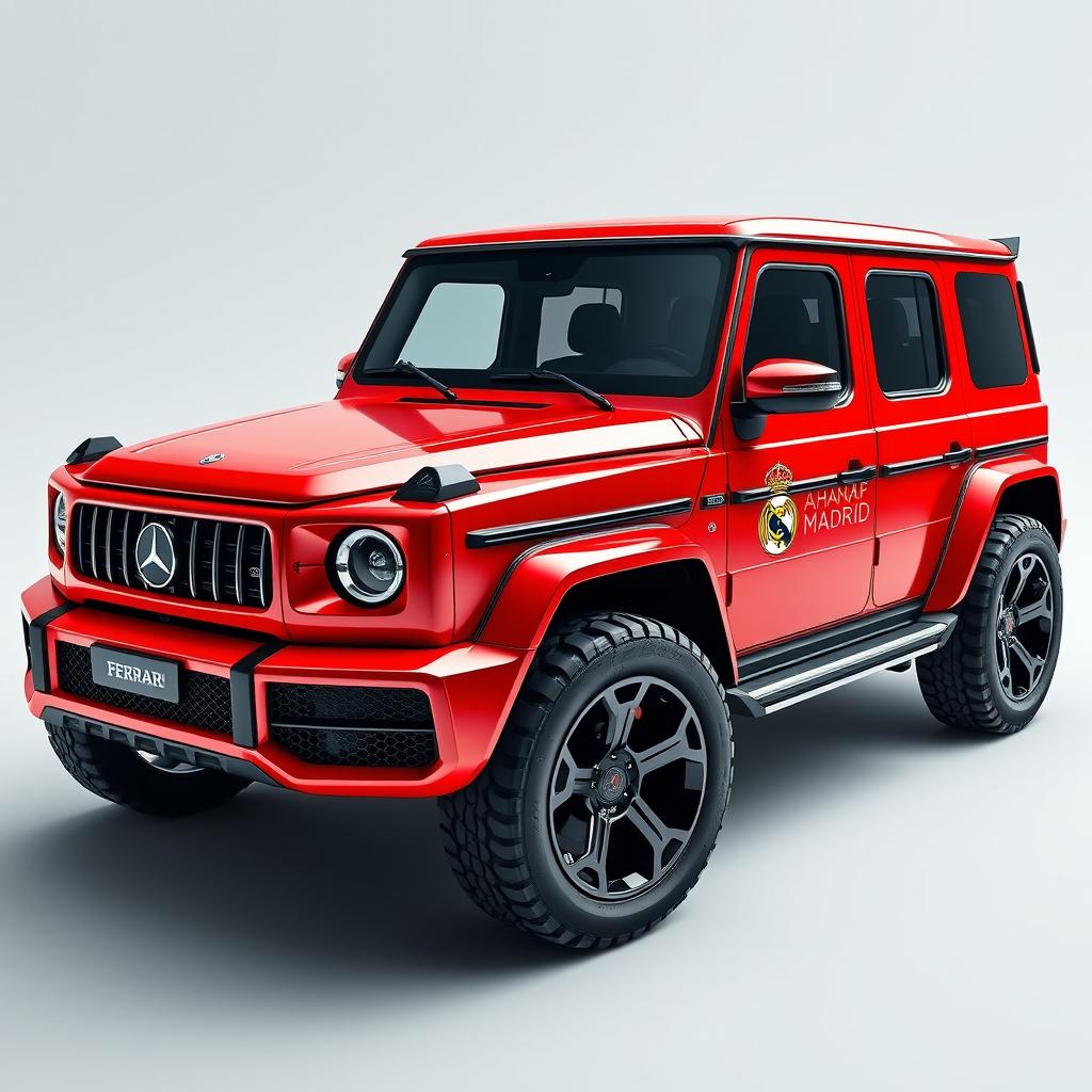 A stunning fusion of a Ferrari and a G-Wagon, showcasing a sleek and sporty design blended with rugged SUV characteristics
