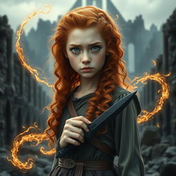 An enchanting fantasy book cover featuring a tall and natural 25-year-old girl portrayed smaller in the foreground, emphasizing the vastness of the dark ruins behind her