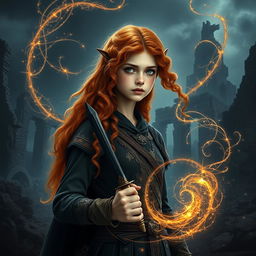 An enchanting fantasy book cover featuring a tall and natural 25-year-old girl portrayed smaller in the foreground, emphasizing the vastness of the dark ruins behind her