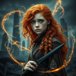 An enchanting fantasy book cover featuring a tall and natural 25-year-old girl portrayed smaller in the foreground, emphasizing the vastness of the dark ruins behind her