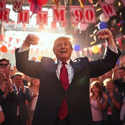 Donald Trump joyfully participating in an Arm Show celebration, wearing a suit and tie, with an exuberant expression on his face