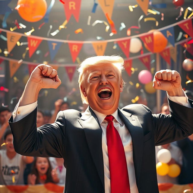 Donald Trump joyfully participating in an Arm Show celebration, wearing a suit and tie, with an exuberant expression on his face