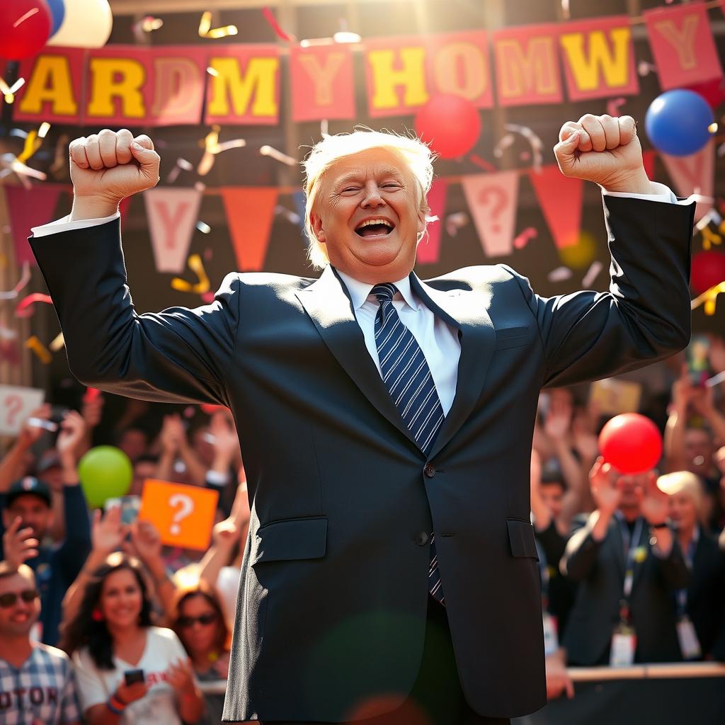 Donald Trump joyfully participating in an Arm Show celebration, wearing a suit and tie, with an exuberant expression on his face