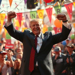 Donald Trump joyfully participating in an Arm Show celebration, wearing a suit and tie, with an exuberant expression on his face