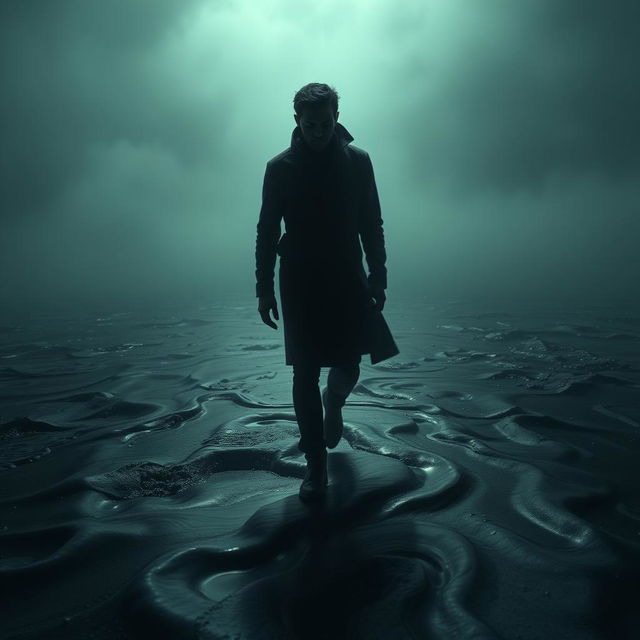 A haunting and surreal scene depicting a disoriented man named Luca standing on a shifting, unstable ground that resembles a dark, flowing tide