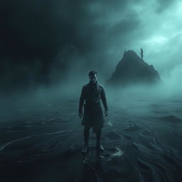 A haunting and surreal scene depicting a disoriented man named Luca standing on a shifting, unstable ground that resembles a dark, flowing tide