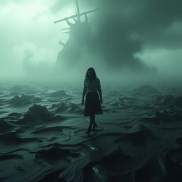 A haunting and surreal scene depicting a disoriented man named Luca standing on a shifting, unstable ground that resembles a dark, flowing tide