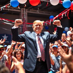 Donald Trump energetically participating in an Arm Show celebration, dressed in a tailored suit with a patriotic tie