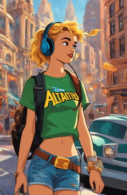 A 15-year-old rebel girl in 90s punk attire walks through New York City in Disney's 'Atlantis' style