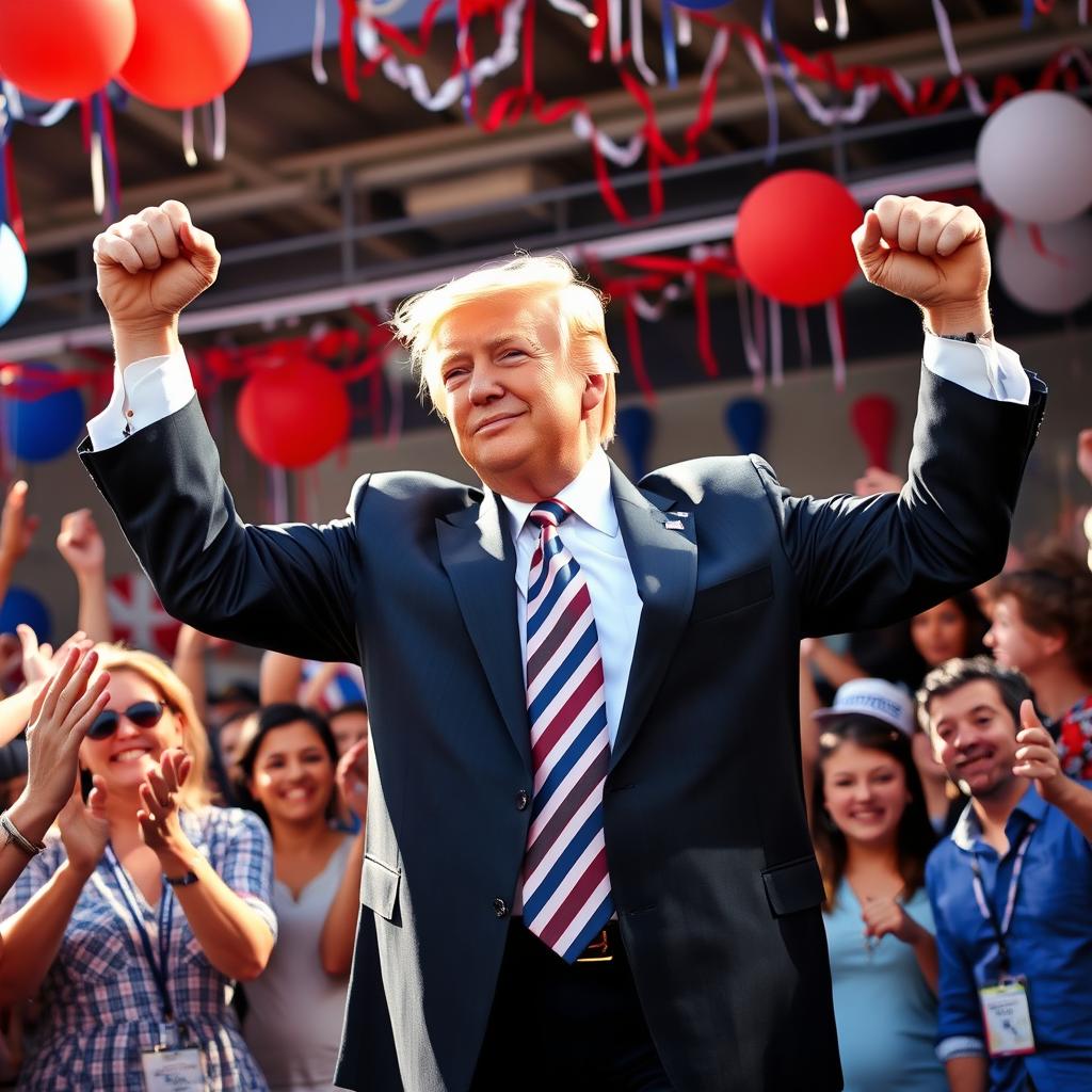 Donald Trump energetically participating in an Arm Show celebration, dressed in a tailored suit with a patriotic tie