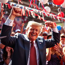 Donald Trump energetically participating in an Arm Show celebration, dressed in a tailored suit with a patriotic tie