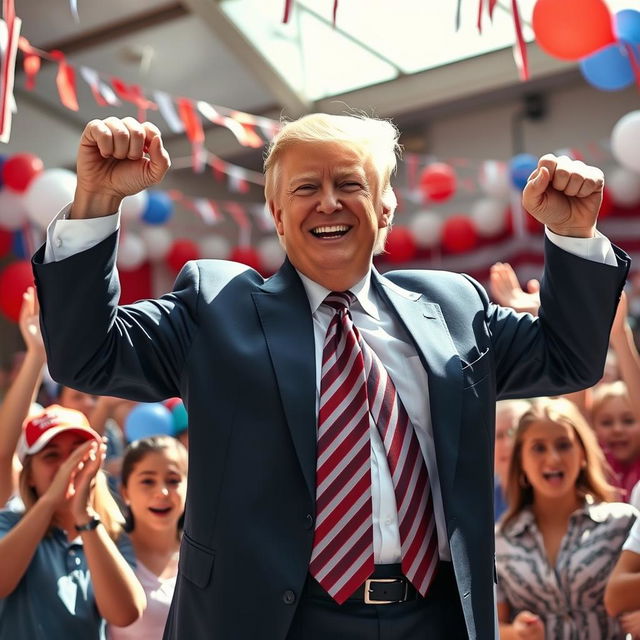 Donald Trump energetically participating in an Arm Show celebration, dressed in a tailored suit with a patriotic tie