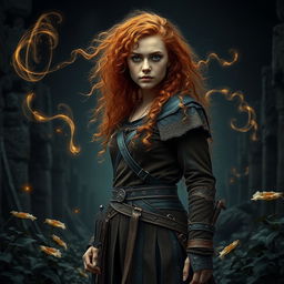 An intriguing fantasy book cover featuring a tall, natural 25-year-old woman standing at a distance, fully visible with her entire body