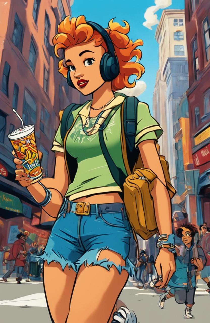Wide-angle shot of a 15-year-old rebel girl in 90s punk attire walking through New York City, eating crisps and listening to music on her headphones, animated in the style of Disney's 'Atlantis'