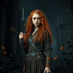 An intriguing fantasy book cover featuring a tall, natural 25-year-old woman standing at a distance, fully visible with her entire body