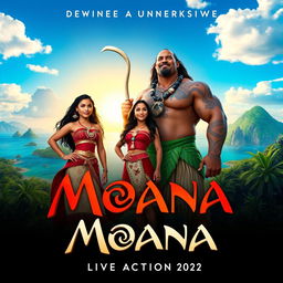 An exciting movie poster for the live-action adaptation of 'MOANA' (2024) featuring Dwayne Johnson as Maui and Zendaya as Moana