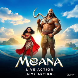 An exciting movie poster for the live-action adaptation of 'MOANA' (2024) featuring Dwayne Johnson as Maui and Zendaya as Moana