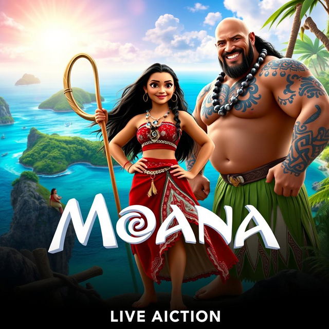 An exciting movie poster for the live-action adaptation of 'MOANA' (2024) featuring Dwayne Johnson as Maui and Zendaya as Moana