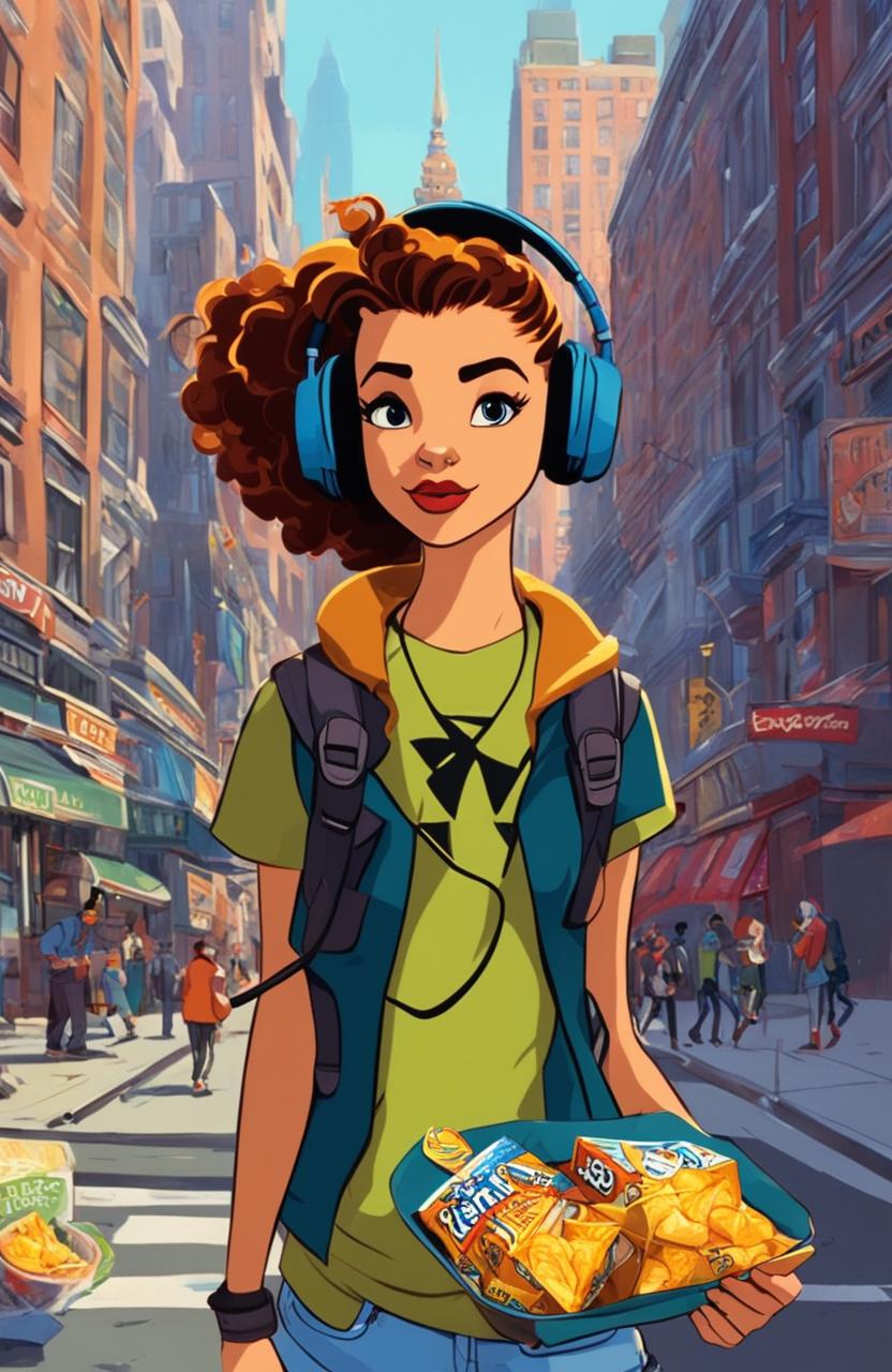 Wide-angle shot of a 15-year-old rebel girl in 90s punk attire walking through New York City, eating crisps and listening to music on her headphones, animated in the style of Disney's 'Atlantis'