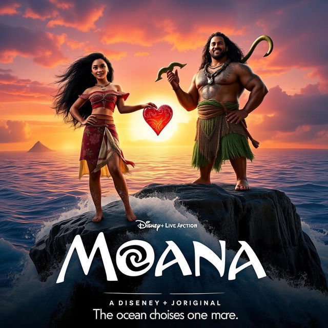 An exhilarating movie poster for the live-action 'MOANA (2024)', featuring Zendaya as Moana confidently standing on the edge of a rocky island with her hair flowing in the sea breeze