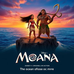 An exhilarating movie poster for the live-action 'MOANA (2024)', featuring Zendaya as Moana confidently standing on the edge of a rocky island with her hair flowing in the sea breeze
