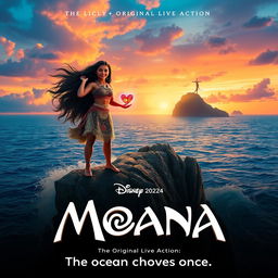 An exhilarating movie poster for the live-action 'MOANA (2024)', featuring Zendaya as Moana confidently standing on the edge of a rocky island with her hair flowing in the sea breeze