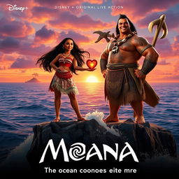 An exhilarating movie poster for the live-action 'MOANA (2024)', featuring Zendaya as Moana confidently standing on the edge of a rocky island with her hair flowing in the sea breeze