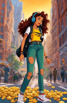 Wide-angle shot of a 15-year-old rebel girl in 90s punk attire walking through New York City, eating crisps and listening to music on her headphones, animated in the style of Disney's 'Atlantis'