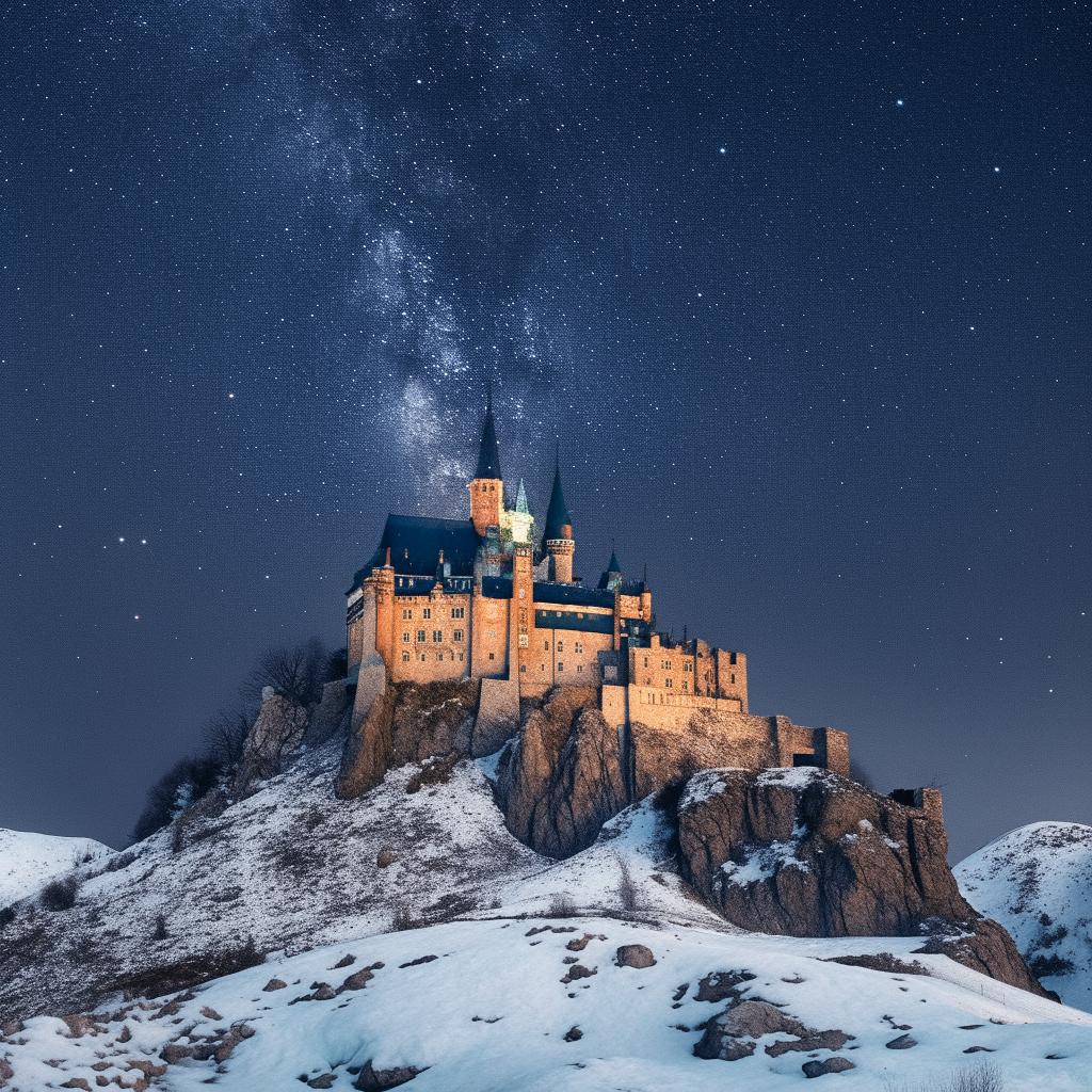 Generate an image of a majestic castle perched atop a snow capped mountain under a starry night sky