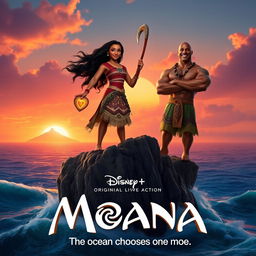 Zendaya as Moana stands confidently on the edge of a rocky island, her hair flowing in the sea breeze