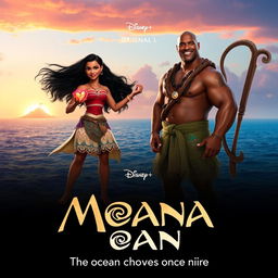 Zendaya as Moana stands confidently on the edge of a rocky island, her hair flowing in the sea breeze