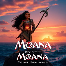 Zendaya as Moana stands confidently on the edge of a rocky island, her hair flowing in the sea breeze