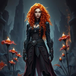 A captivating fantasy book cover featuring a League of Legends-inspired character: a tall woman with long, vibrant orange curly hair that cascades down her shoulders