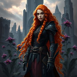 A captivating fantasy book cover featuring a League of Legends-inspired character: a tall woman with long, vibrant orange curly hair that cascades down her shoulders