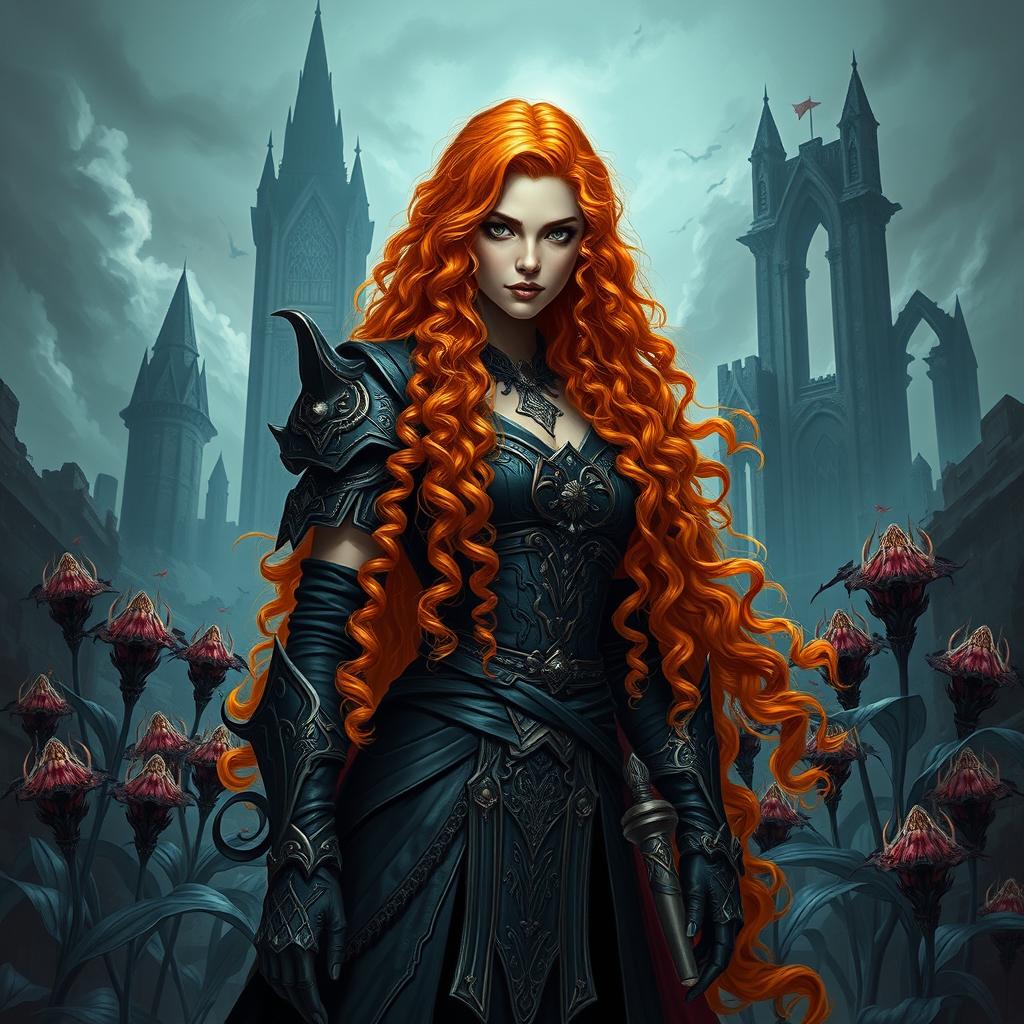 A captivating fantasy book cover featuring a League of Legends-inspired character: a tall woman with long, vibrant orange curly hair that cascades down her shoulders