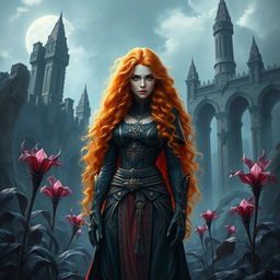 A captivating fantasy book cover featuring a League of Legends-inspired character: a tall woman with long, vibrant orange curly hair that cascades down her shoulders