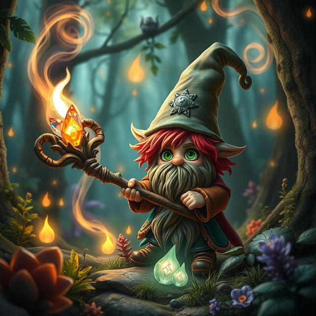 A small forest gnome wizard with messy red curls and bright green eyes, wielding an intricately carved staff adorned with glowing crystals