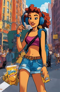 Wide-angle shot of a 15-year-old rebel girl in 90s punk attire walking through New York City, eating crisps and listening to music on her headphones, animated in the style of Disney's 'Atlantis'
