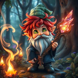 A small forest gnome wizard with messy red curls and bright green eyes, wielding an intricately carved staff adorned with glowing crystals