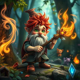 A small forest gnome wizard with messy red curls and bright green eyes, wielding an intricately carved staff adorned with glowing crystals