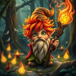 A small forest gnome wizard with messy red curls and bright green eyes, wielding an intricately carved staff adorned with glowing crystals