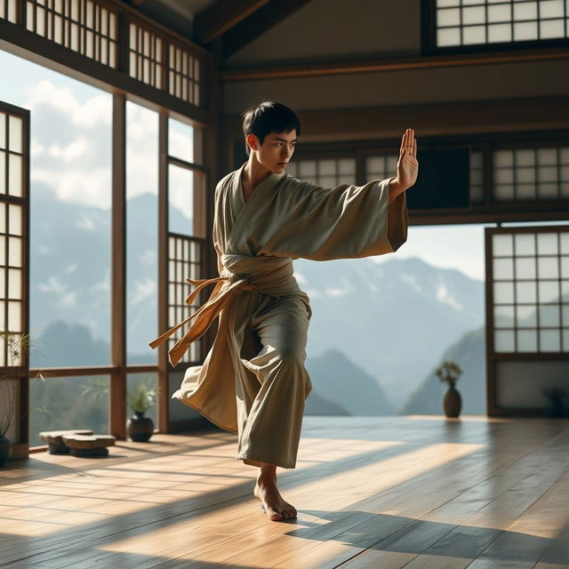 A lithe human monk with short black hair and dark eyes, dressed in a light earthy-toned tunic, gracefully performing a fluid martial arts move in a serene mountain dojo