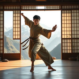 A lithe human monk with short black hair and dark eyes, dressed in a light earthy-toned tunic, gracefully performing a fluid martial arts move in a serene mountain dojo