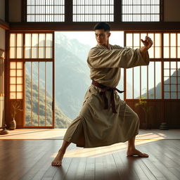 A lithe human monk with short black hair and dark eyes, dressed in a light earthy-toned tunic, gracefully performing a fluid martial arts move in a serene mountain dojo