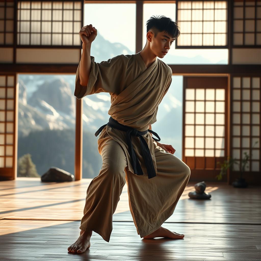 A lithe human monk with short black hair and dark eyes, dressed in a light earthy-toned tunic, gracefully performing a fluid martial arts move in a serene mountain dojo